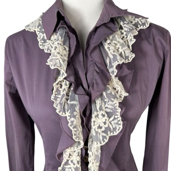 Dismero Italian Women’s Purple Crochet Lace Ruffle Button Down 3/4 Sleeve Top - Picture 3 of 15